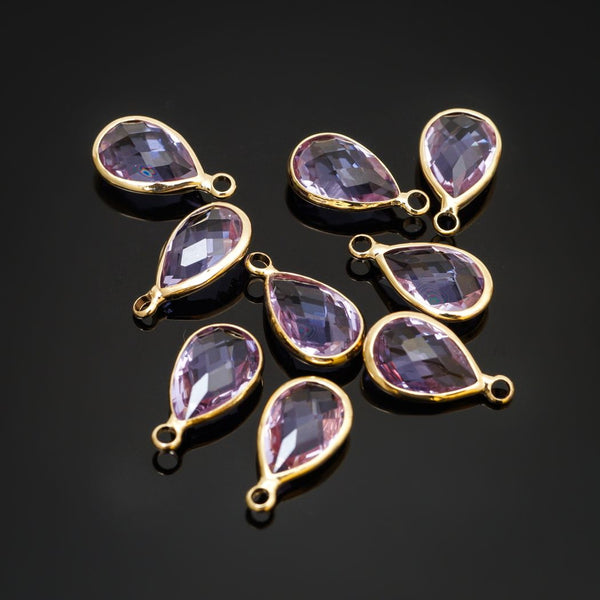 10pcs Grade A June Alexandrite Purple Teardrop Birthstone Charm Drop, 18K Yellow Gold Plated Brass, Size Selections: 11x7mm, 14x8mm, 16x9mm