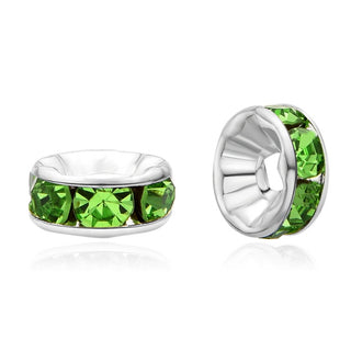 100pcs AAA Grade Rhinestone Rondelle Beads, Sterling Silver Plated Brass, Peridot Green Rhinestone, Color Selections: 5mm/6mm/8mm/10mm/12mm