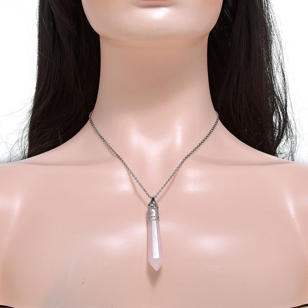 1pc Natural Pink Rose Quartz Hexagonal Pile Gemstone Pendant Necklace, 18 Inch Surgical Stainless Steel Chain, GGP-B12