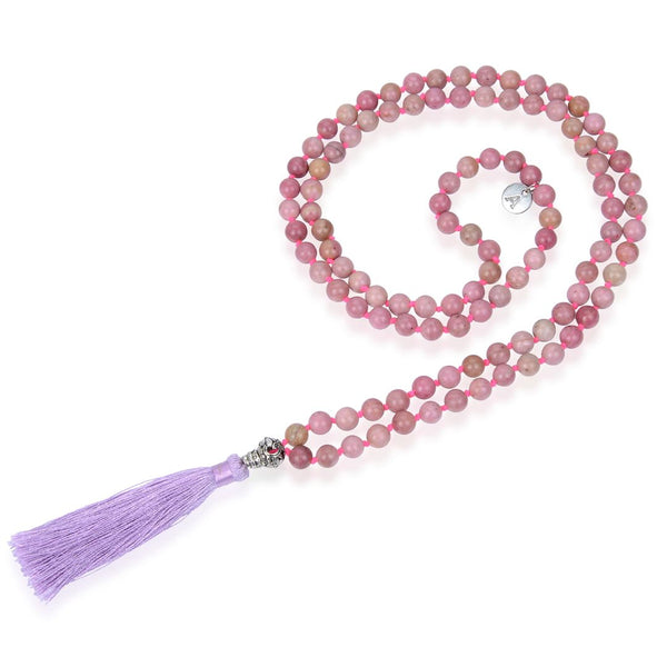 Adabele Premium 108 Mala Bead Lt. Purple Tassel Necklace, 8mm Natural Pink Rhodonite Gemstone, Tibetan Buddhist Japa Prayer Beaded Jewelry RGN3
