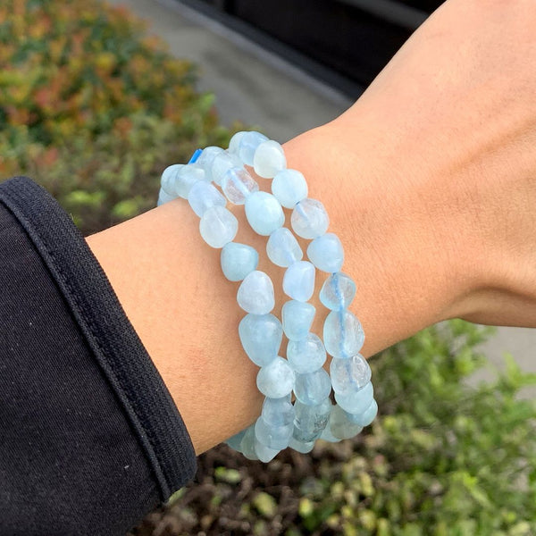 1 Strand Stretch Natural Blue Aquamarine Free Form Gemstone Bracelet, 7-10mm Beads, Length Selections: 7 inch/7.5 inch