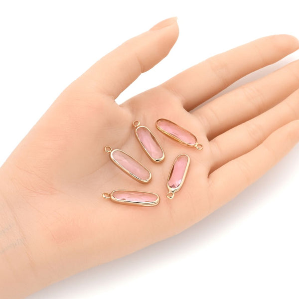 10pcs Grade A October Pink Rectangle Bar Birthstone Charm Drops, 18K Yellow Gold Plated Brass, 21x7mm, CCP8-G10
