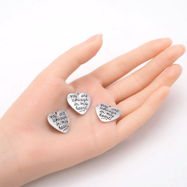 20pcs You Are Always In My Heart Charms, 20mm Double Sided Heart Drop Pendants, Antique Silver, MC-D21
