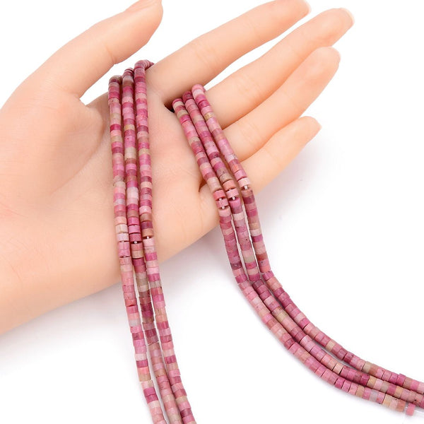 Natural Pink Rhodonite Gemstone Heishi Tube Rondelle Beads, 4x2mm/Small, Hole ID 0.9mm, 14.5 Inch/1 Strand, GH-C26