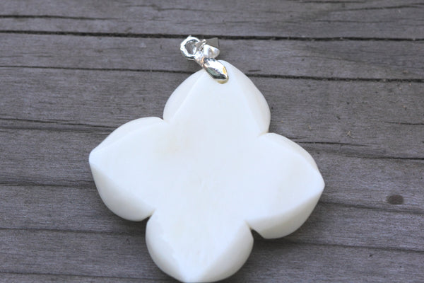 1pc Beautiful Lovely Flower Hand Carved White Buffalo Bone Drop Pendant, Symbol of Strength Prosperity Pendant, with Sterling Silver Bail, 1.38 Inch, BP-5