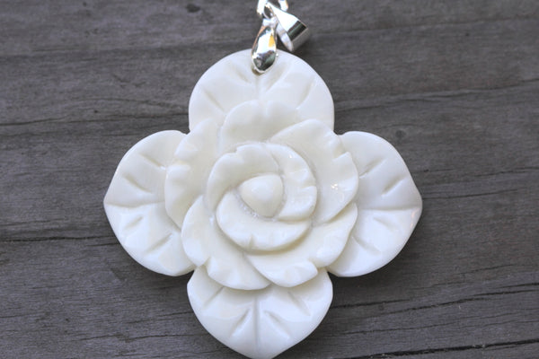 1pc Beautiful Lovely Flower Hand Carved White Buffalo Bone Drop Pendant, Symbol of Strength Prosperity Pendant, with Sterling Silver Bail, 1.38 Inch, BP-5