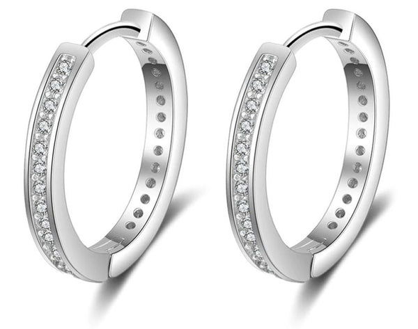 1 Pair Real 925 Sterling Silver Round Huggie Hoop Earrings, Pave Cubic Zirconia CZ, 13.5mm, SSE41-1