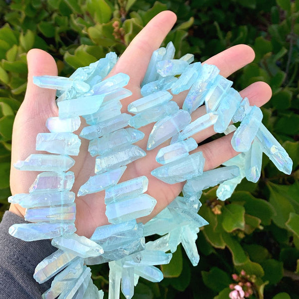 1 Strand Natural Raw Crystal Quartz Gemstone Beads, Medium Size Drilled Stone Points, Aquamarine Blue AB Titanium Coated Gem Stick, 15 Inch, GA-D7