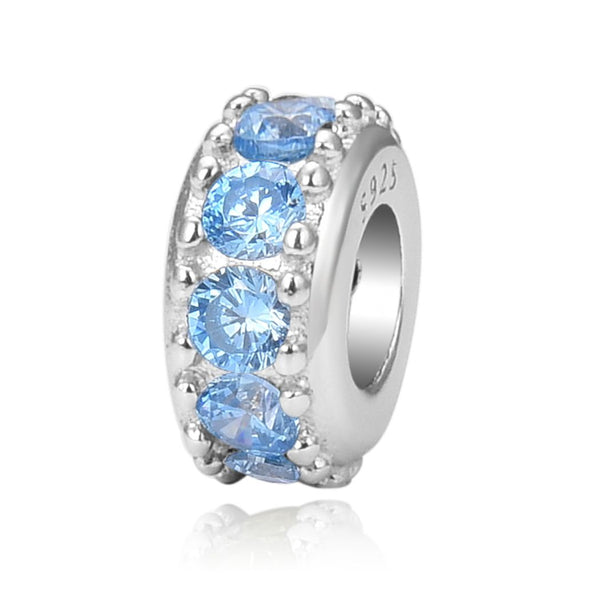 1pc 925 Sterling Silver March Birthstone Bead Charm, Blue Aquarmarine Cubic Zirconia CZ, 9.5x5mm, Hole ID 4.5mm, EC1-C3