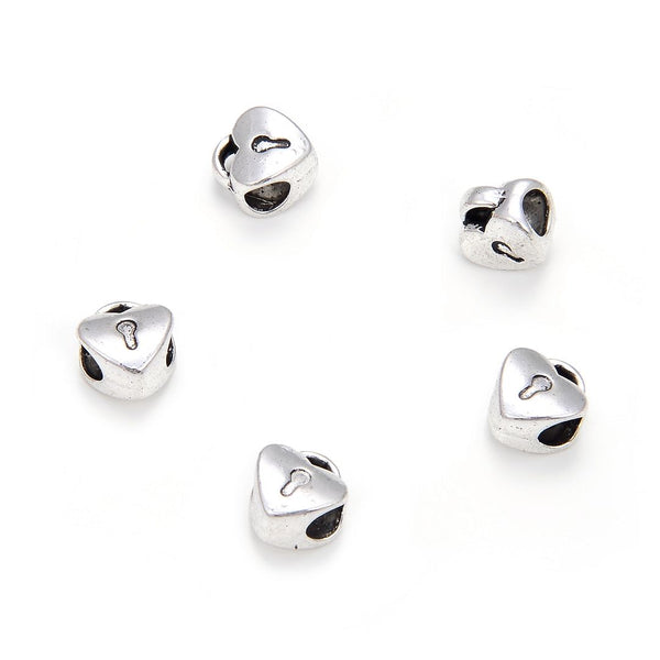 20pcs Heart Lock Large Hole Beads, Hole ID 4.5mm, Antique Silver, Zinc Alloy Metal, MEC-B2