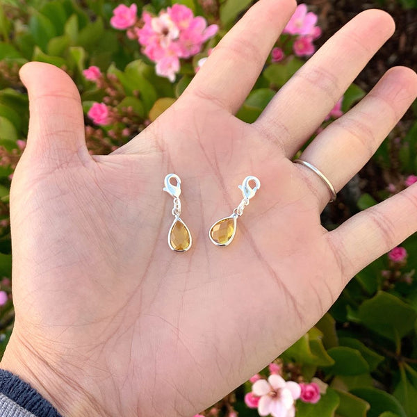 2pcs Clip On Dangle November Topaz Yellow Birthstone Charm Drops, Tarnish Resistant, Sterling Silver Plated Lobster Clasp, BL7-11