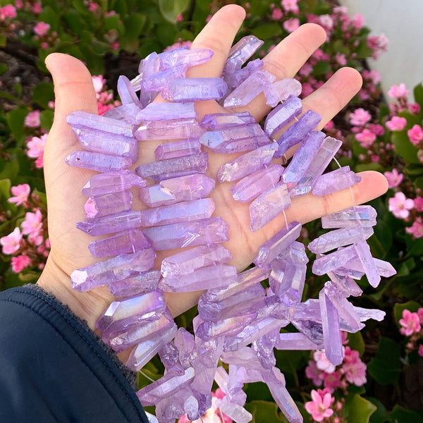 1 Strand Natural Raw Crystal Quartz Gemstone Beads, Medium Size Drilled Stone Points, Violet Tanzanite AB Titanium Coated Gem Stick, 15 Inch, GA-D9