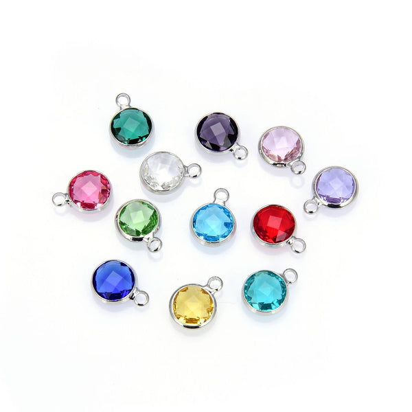 1 Set/12pcs Grade A Mixed Dangle Birthstone Charm Drops, Sterling Silver Plated Brass, Size Selections: 6mm/8mm/10mm