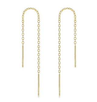 1 Pair Real 18K Yellow Gold Plated 925 Sterling Silver Threader Earrings, Pull Through Dangle Cable Chain with Bar Pin Drop, Length Selections: 2/3/4/5/6 Inch