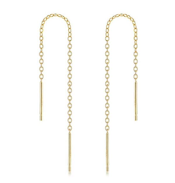 1 Pair Real 18K Yellow Gold Plated 925 Sterling Silver Threader Earrings, Pull Through Dangle Cable Chain with Bar Pin Drop, Length Selections: 2/3/4/5/6 Inch