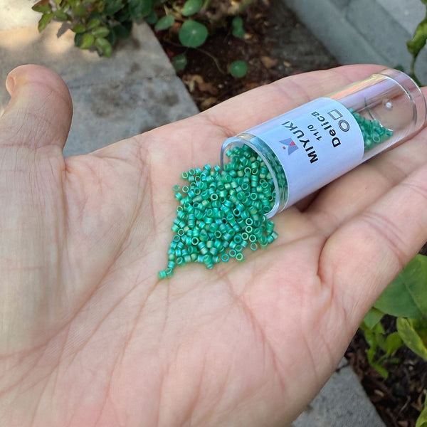 30g Miyuki Delica 11/0 Seed Beads, Translucent Matte Rainbow Green DB858