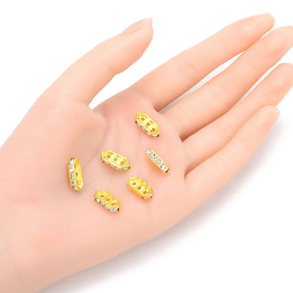 50pcs Grade A 3-Hole Multiple Strands Crystal Clear Rhinestone Beads, 18K Yellow Gold Plated Brass, 15mm Spacer Bar, CF60-2