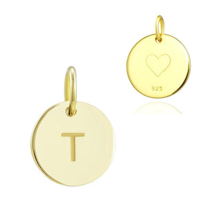 1pc 925 Sterling Silver 12mm Letter T Charm, Real 18K Yellow Gold Plated, Heart Engraved, Name Initial Disc Coin Pendant Drop, SLP-G20