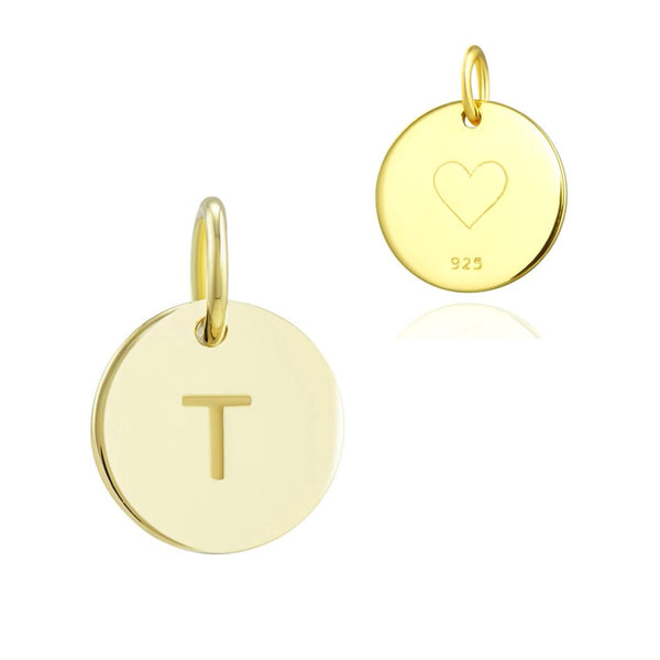 1pc 925 Sterling Silver 12mm Letter T Charm, Real 18K Yellow Gold Plated, Heart Engraved, Name Initial Disc Coin Pendant Drop, SLP-G20