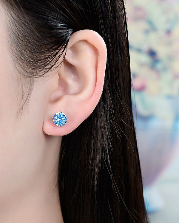 1 Pair 925 Sterling Silver December Birthstone Round Cut Stud Earrings, 8mm/2 Carat Cubic Zirconia CZ Blue Zircon Stone, SSE49-12