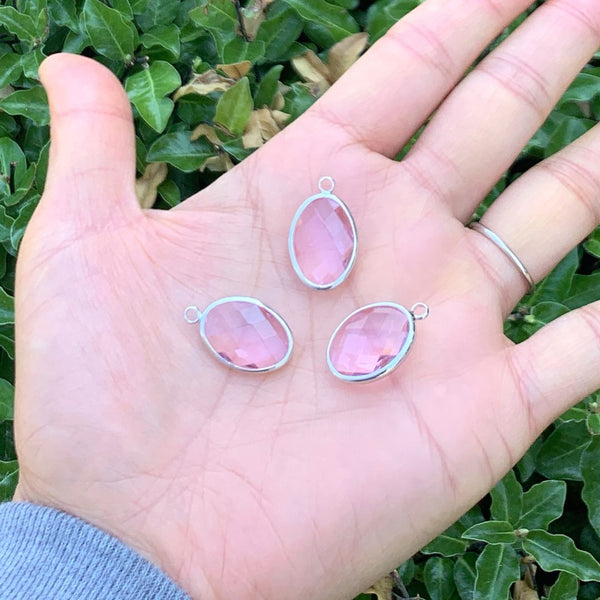 10pcs Grade A October Pink Oval Birthstone Charm Drops, Sterling Silver Plated Brass, 18x13mm, CCP6-S10