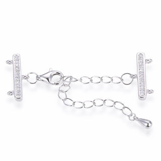 1 Set 925 Sterling Silver 2 Strands Clasp, Adjustable Chain, Cubic Zirconia CZ Diamond, Tarnish Resistant Rhodium Plated, SS394