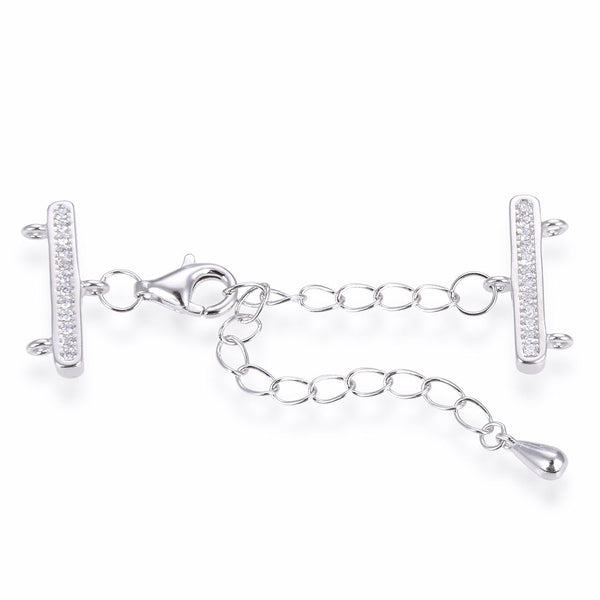 1 Set 925 Sterling Silver 2 Strands Clasp, Adjustable Chain, Cubic Zirconia CZ Diamond, Tarnish Resistant Rhodium Plated, SS394