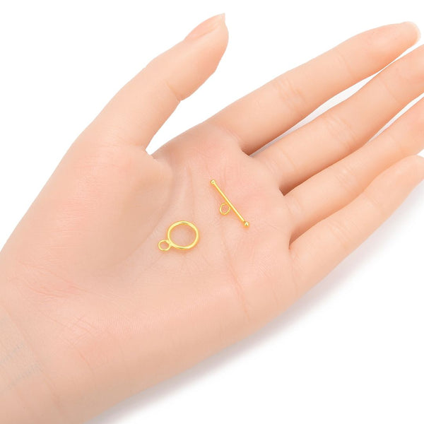 2 Sets 925 Sterling Silver Round Toggle Clasps, Real 18K Yellow Gold Plated, Size Selections: 10mm/12mm/15mm