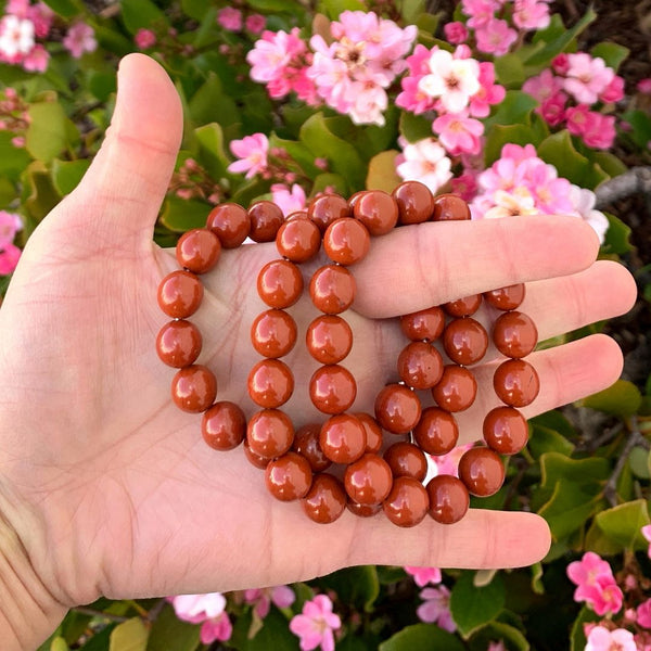 1 Strand Stretch Natural Grade A Red Jasper Beaded Gemstone Bracelet, 10mm Bead, Length Selections: 7 inch/7.5 inch/8 inch/8.5 inch
