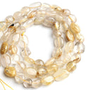 Natural Gold Rutilated Quartz Gemstone Oval Tumbled Pebble Beads, Irregular, 6mm to 8mm, Hole ID 1mm, 15 Inch/1 Strand, GZ11-39