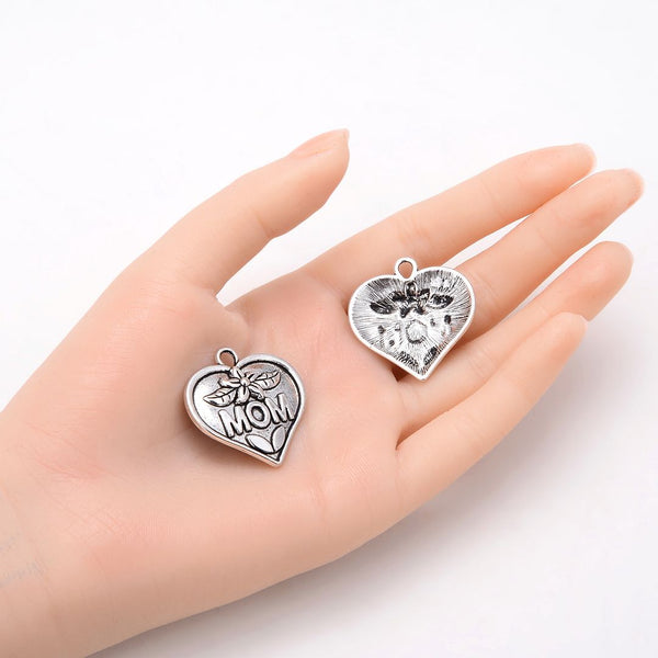 20pcs Best Mom Heart Charms, 31.2mm Large One Sided Heart Drop Pendants, Antique Silver, MC-D10