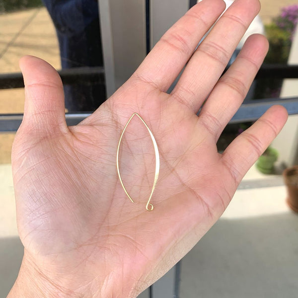 50pcs Flat Marquise Earring Hooks, 18K Yellow Gold Plated Brass, 45mm Long, Wire Gauge Selections: 0.7mm/21 Gauge or 0.9mm/19 Gauge