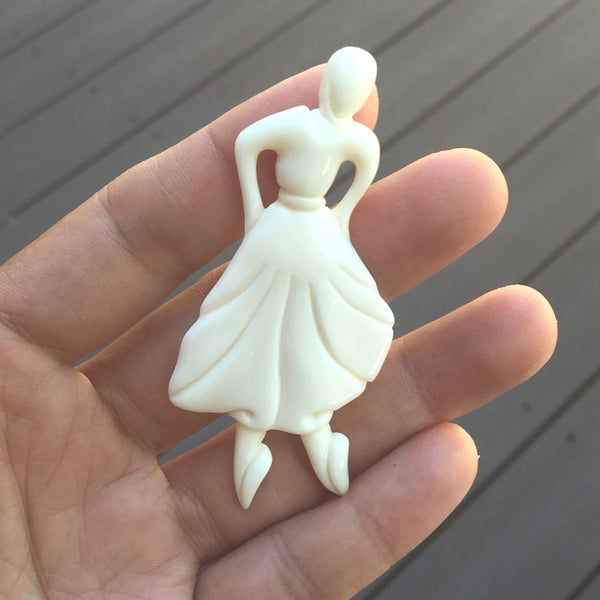 1pc Beautiful Dancing Ballerina Hand Carved White Buffalo Bone Drop Pendant, Symbol of Strength Prosperity Pendant, with Sterling Silver Bail, 2.95 Inch, BP-52