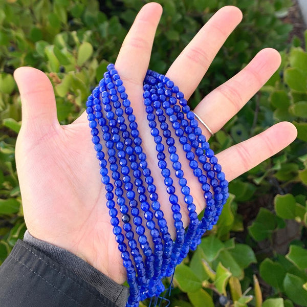 Natural Sapphire Blue Jade Gemstone Faceted Round Beads, 4mm/Small, Hole ID 0.9mm, 2 Strands/28 Inch Total, GH-B8