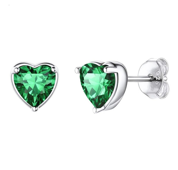 1 Pair 925 Sterling Silver May Love Heart Birthstone Stud Earrings, 6mm/0.84 Carat Cubic Zirconia CZ Green Emerald Stone, SSE79-5