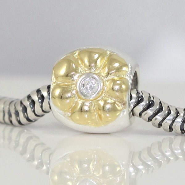 1pc Solid 925 Sterling Silver Golden Flower Cubic Zirconia Bead Charm, Compatible with Pandora All Other Charm Bracelet, EC80