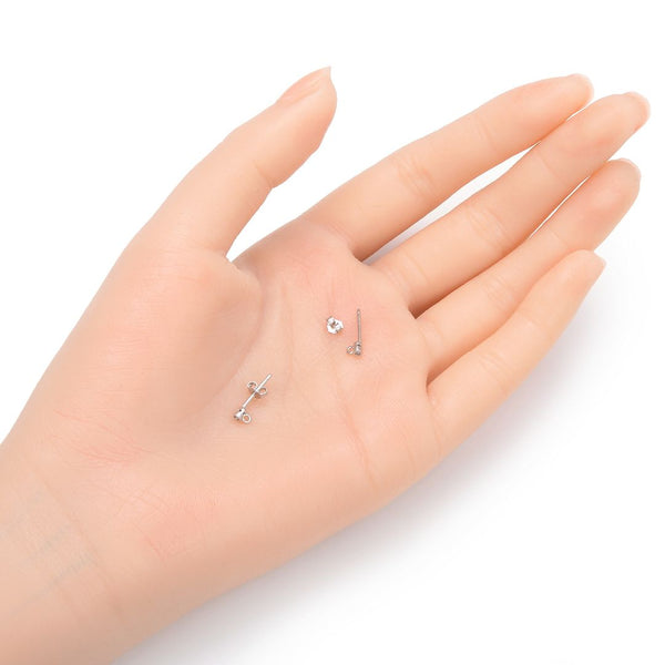 2 Pairs Sterling Silver Earring Posts, Closed Ring, 4pcs Earring Backs, Cubic Zirconia CZ , Tarnish Resistant Rhodium Plated, CZ Size Selections: 2/3/4/5mm