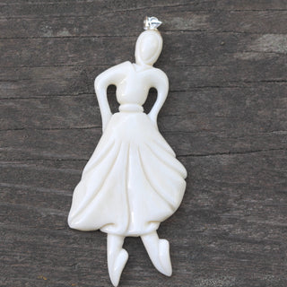 1pc Beautiful Dancing Ballerina Hand Carved White Buffalo Bone Drop Pendant, Symbol of Strength Prosperity Pendant, with Sterling Silver Bail, 2.95 Inch, BP-52