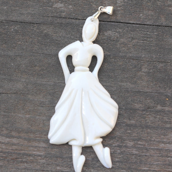 1pc Beautiful Dancing Ballerina Hand Carved White Buffalo Bone Drop Pendant, Symbol of Strength Prosperity Pendant, with Sterling Silver Bail, 2.95 Inch, BP-52
