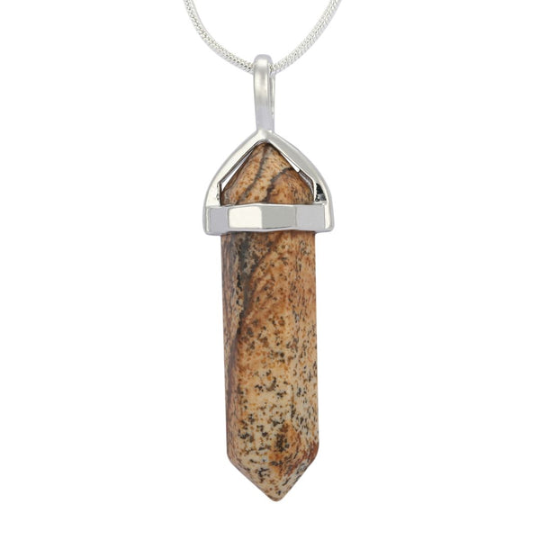 1pc Natural Picture Jasper Gemstone Pendant Necklace, 18 Inch Surgical Stainless Steel Chain, GGP-C18