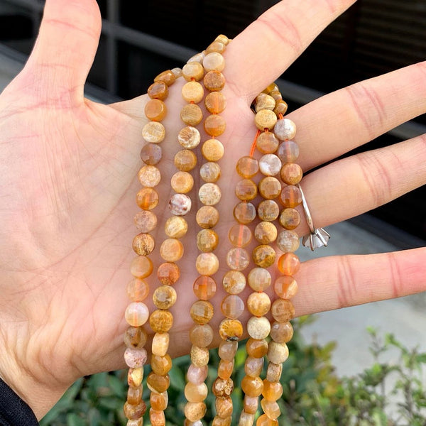 Natural Fossil Coral Chrysanthemum Gemstone Faceted Flat Round Coin Beads, 6mm, Hole ID 1mm, 15 Inch/1 Strand, GZ13-8