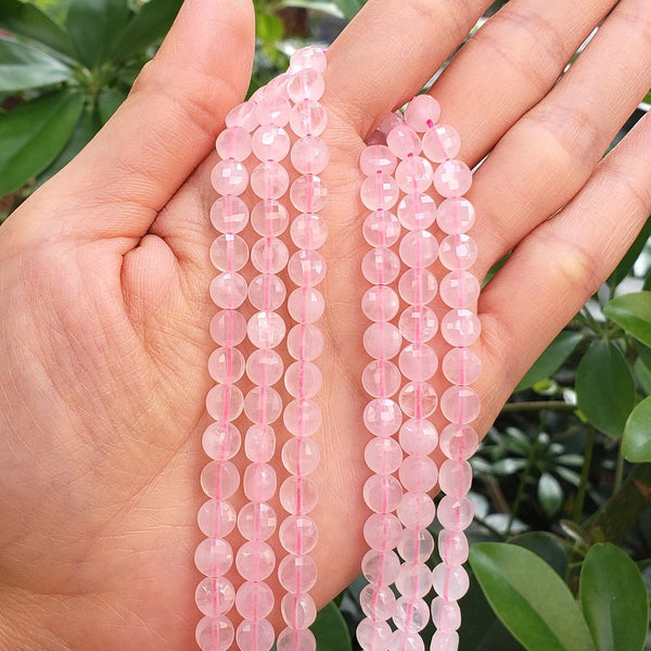 Natural Rose Quartz Pink Crystal Gemstone Faceted Flat Round Coin Beads, 6mm, Hole ID 1mm, 15 Inch/1 Strand, GZ13-9