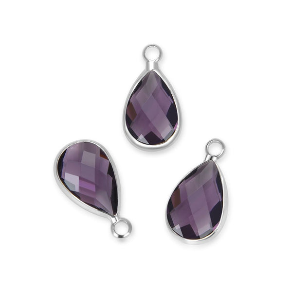 10pcs Grade A February Amethyst Teardrop Birthstone Charm Drop, Sterling Silver Plated Brass, Size Selections: 11x7mm, 14x8mm, 16x9mm