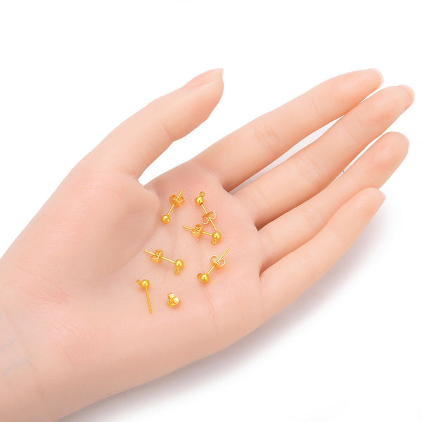 40pcs Ball Earring Posts, Closed Ring, with 40pcs Earring Backs, 18K Yellow Gold Plated Brass, Ball Size Selections: 3mm/3.5mm/4mm/5mm