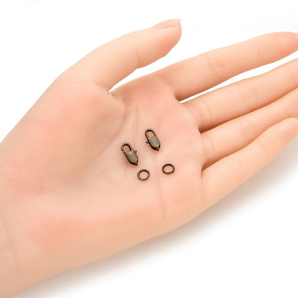 50pcs Rectangle Lobster Claw Clasp, 50pcs Open Jump Rings, Antique Bronze Plated Brass, Size Selections: 10mm/12mm