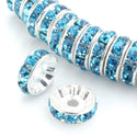 100pcs Grade A Rhinestone Rondelle Beads, Aquamarine Blue Rhinestone, Sterling Silver Plated Brass, Size Selections: 5mm/6mm/8mm/10mm/12mm