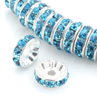 100pcs Grade A Rhinestone Rondelle Beads, Aquamarine Blue Rhinestone, Sterling Silver Plated Brass, Size Selections: 5mm/6mm/8mm/10mm/12mm