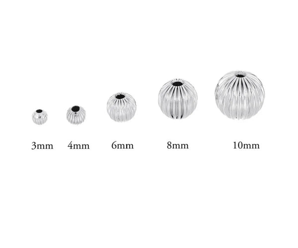100pcs Sparkle Corrugated Melon Round Beads, Sterling Silver Plated Brass, Size Selections: 6mm/8mm/10mm
