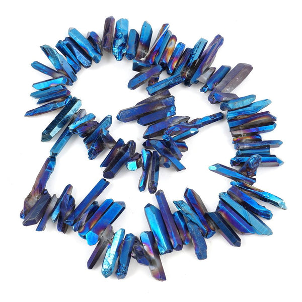 1 Strand Natural Raw Crystal Quartz Gemstone Beads, Small Drilled Stone Points, Sapphire Blue AB Titanium Coated Stone Stick, 15 Inch, GA4