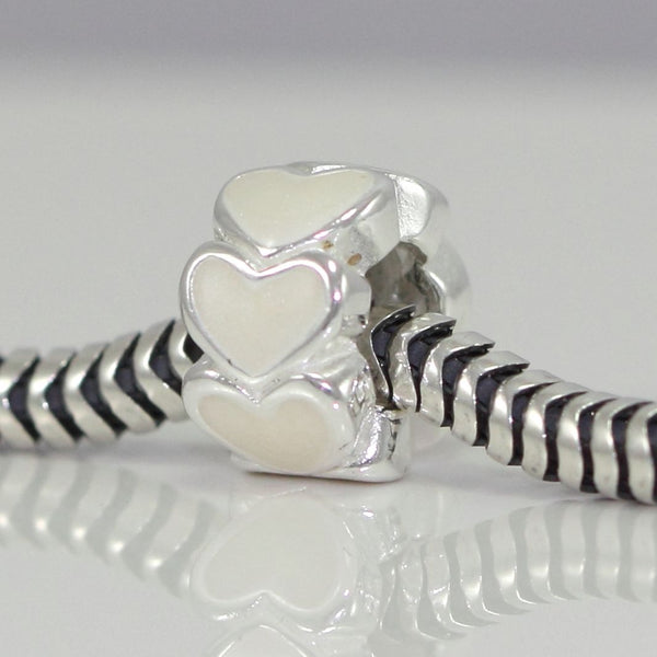 1pc Solid 925 Sterling Silver Cream White Love Heart Bead Charm, Compatible with Pandora All Other Charm Bracelet, EC23